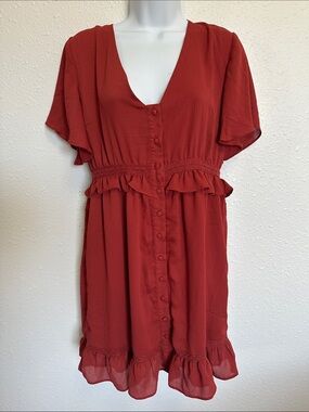 Francesca’s miami Rust Red Button-Front Ruffle Mini Dress Size S/M